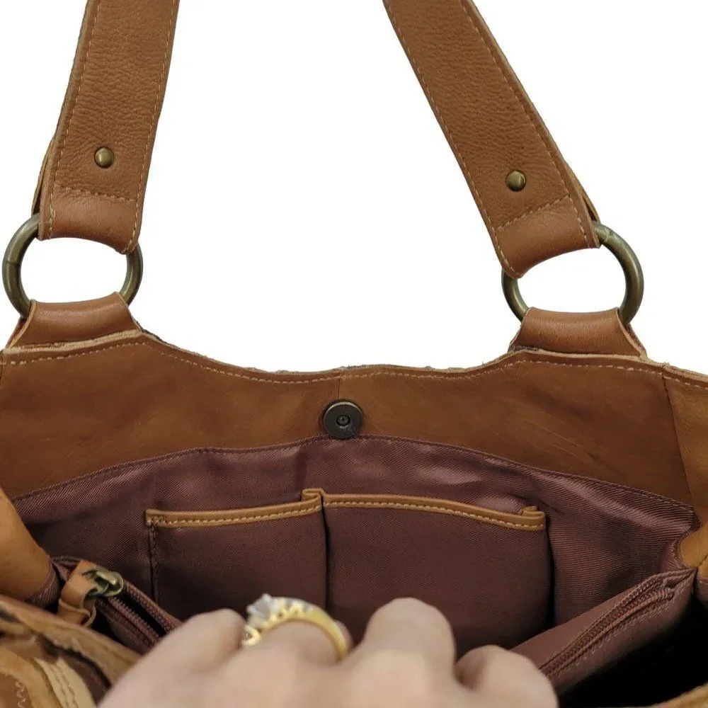 Vintage Fossil Hobo Leather Patchwork Studded‎ Embroidered Shoulder Bag Brown